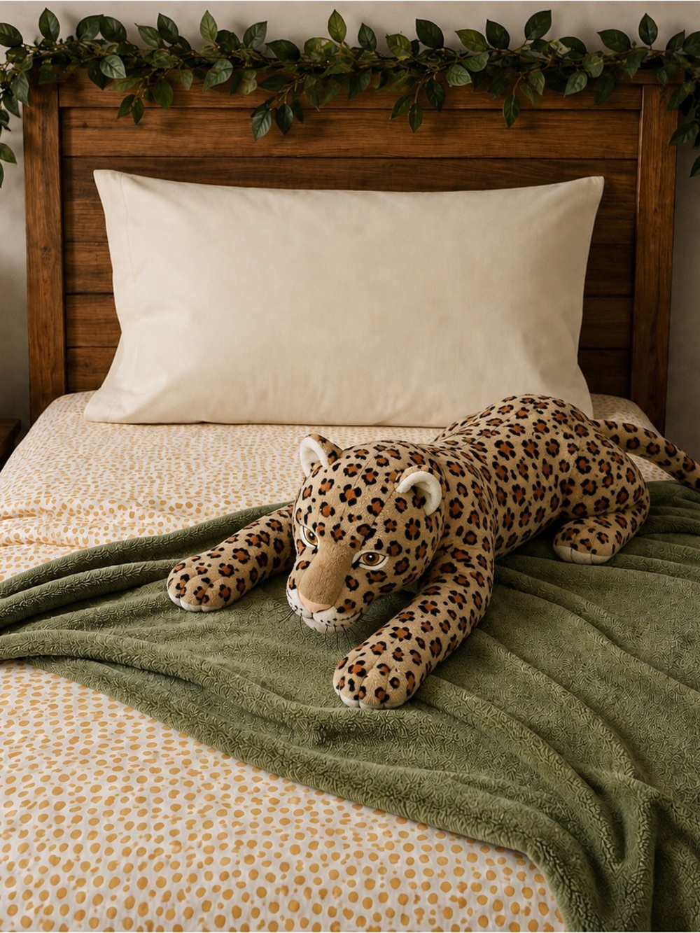 Pillowfort Twin Bedding Bundle with IKEA Leopard Plush & Greenery | Jungle Them